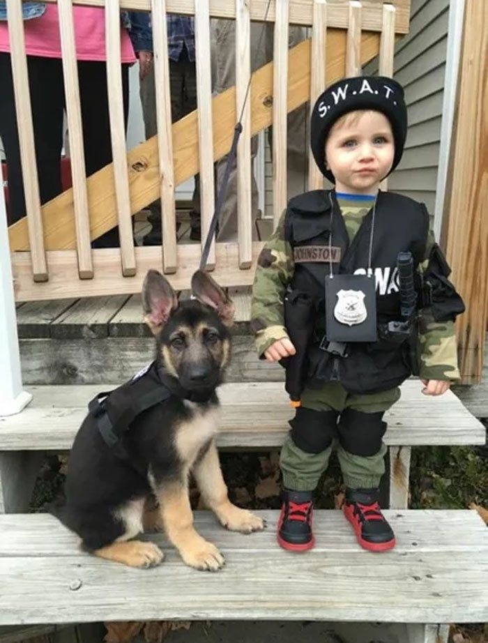 My (At The Time) 2 Yo Son With Our 8 Week Old German Shepherd Dressed As Swat Members - 2017