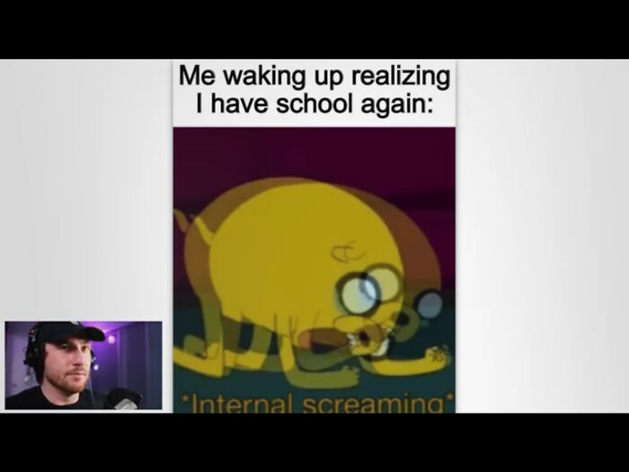 Funny school meme with cartoon character internally screaming about going back to school.