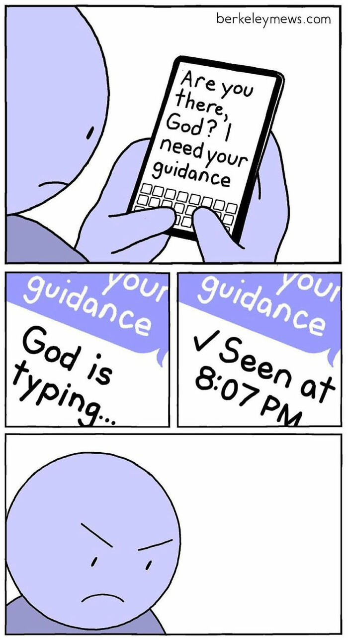 Comic panel showing a character texting God for guidance, with a twisted ending typical of the artist's comics.