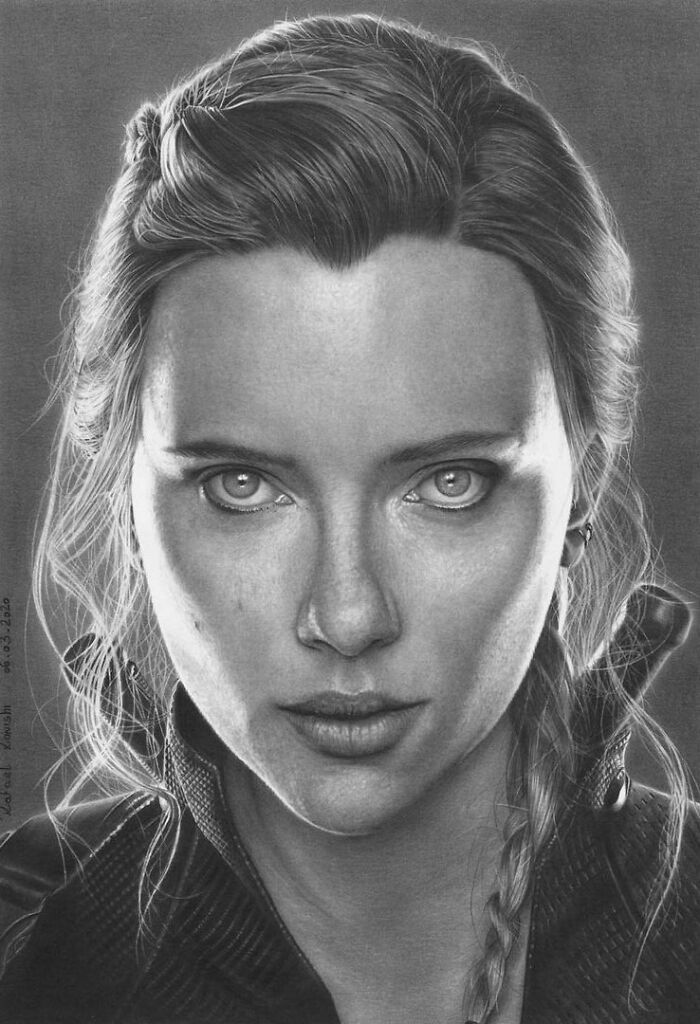 Realistic drawing by Rafael Konishi showing a detailed portrait with intricate shading and texture.