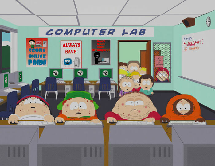 Cartoon characters in a computer lab using old desktop computers highlighting interesting facts people didn’t learn at school.