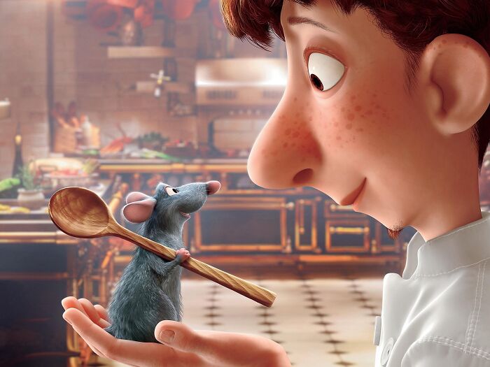 Animated character holding a rat with a wooden spoon in a detailed kitchen, illustrating interesting facts people didn't learn at school.