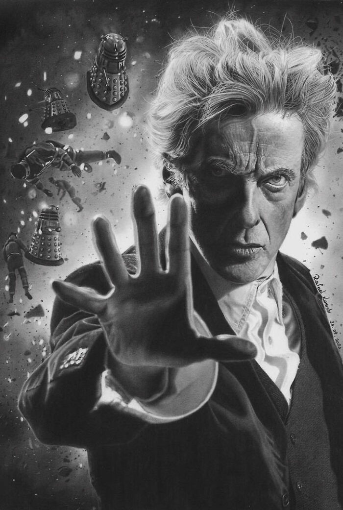 Realistic drawing by artist Rafael Konishi depicting a dramatic scene with an intense stare and hand gesture.