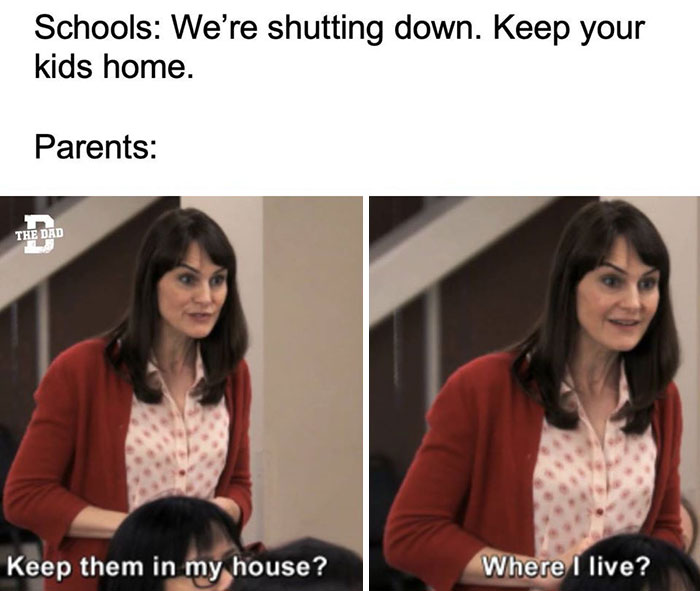 Woman reacting humorously in school meme about closed schools and kids staying home.