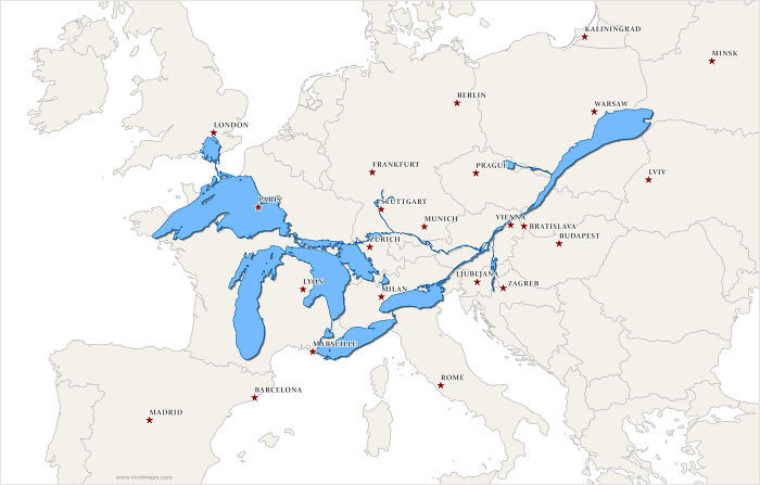 The Great Lakes And Saint Lawrence River Superimposed On A Map Of Europe