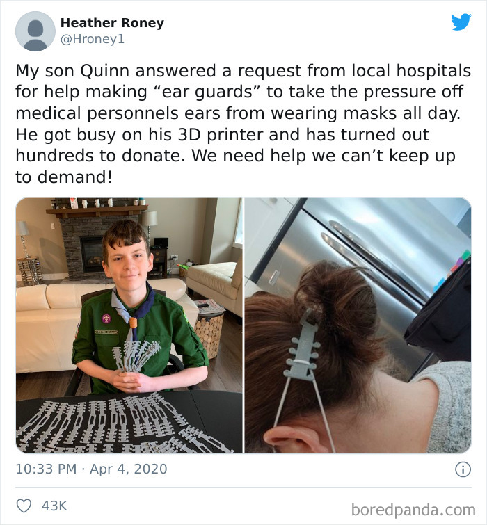 This Kid Created And 3D Printed "Ear Guards" For Medical Workers, That Helps To Take Off Pressure From Ears When Wearing Masks All Day