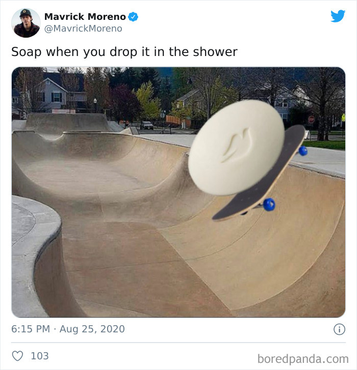 Soap as a skateboard soaring through a skatepark, illustrating a hilarious meme most people will relate to.