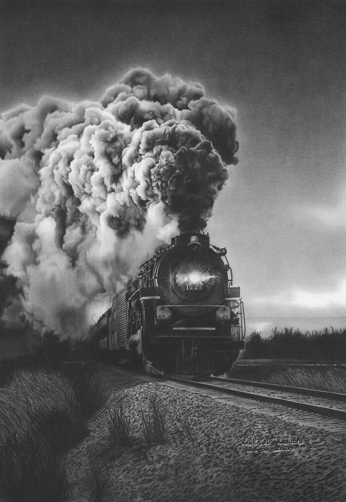 A realistic drawing of a steam locomotive on tracks with dramatic smoke details by artist Rafael Konishi.