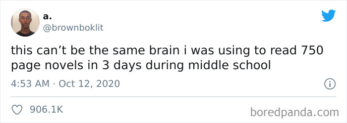 Tweet humorously reflecting on how reading habits change, capturing a relatable meme moment.