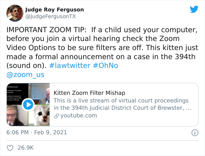 "I Believe You Have A Filter Turned On": Attorney Accidentally Shows Up With A Cat Filter On For A Zoom Court Hearing