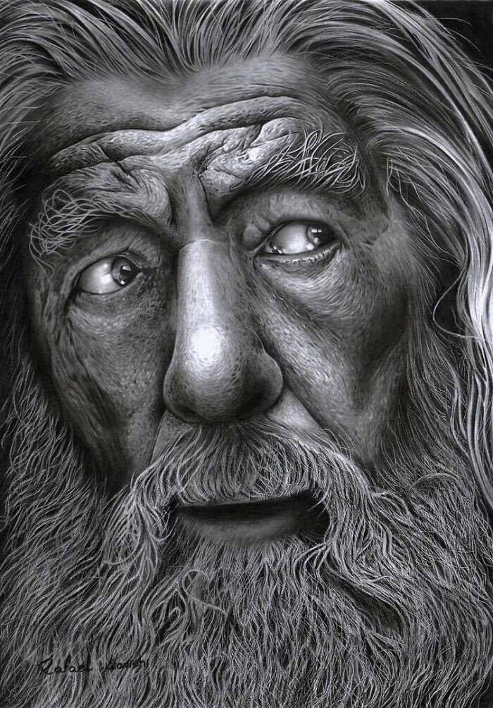 Realistic drawing of an elderly man with detailed facial features by artist Rafael Konishi.