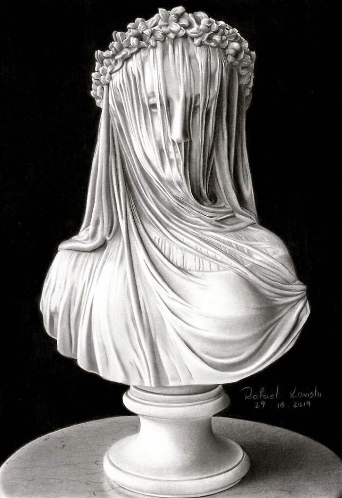 Realistic drawing by artist Rafael Konishi of a veiled bust with a floral crown on a pedestal.