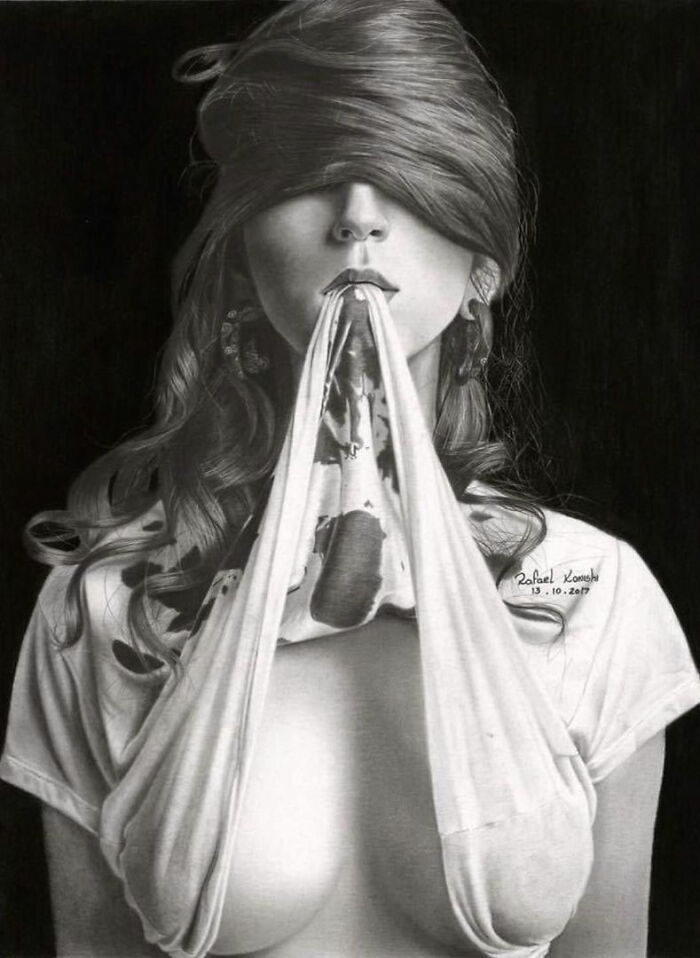 Realistic drawing by Rafael Konishi depicting a woman with hair covering her eyes and a shirt pulled up.