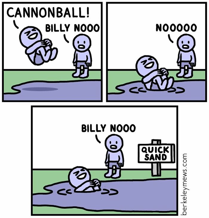 Comic panel showing twisted endings where a character named Billy falls into quicksand, adding dark humor to innocent comics.