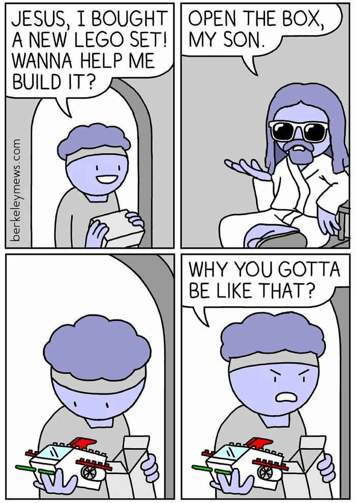 Comic showing twisted endings as a boy opens a Lego box given by a Jesus-like figure with sunglasses.