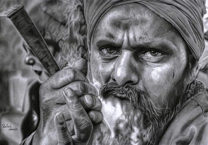 Realistic drawing by Rafael Konishi depicting a man in detailed grayscale, holding an object, with expressive eyes.