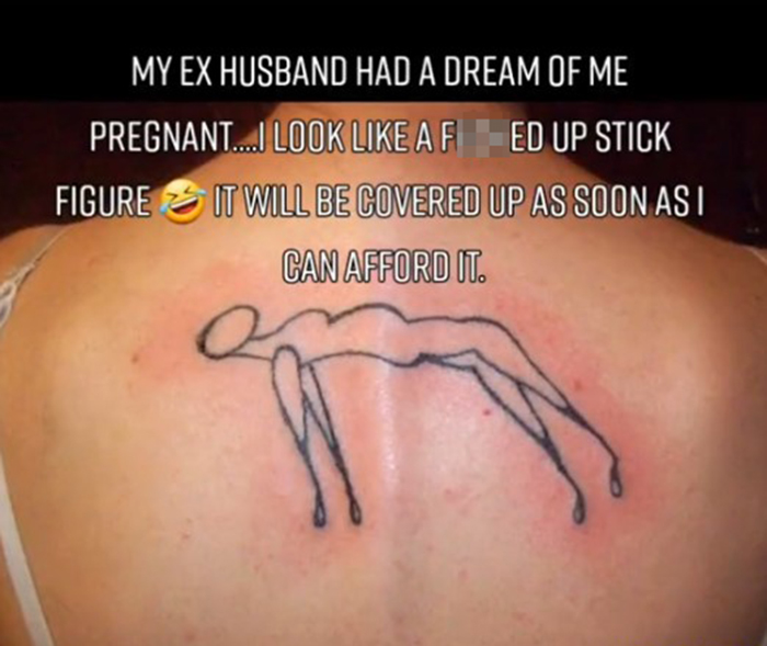 Stick figure tattoo with humorous regret text about a dream on the back. Keywords: dumbest tattoo.