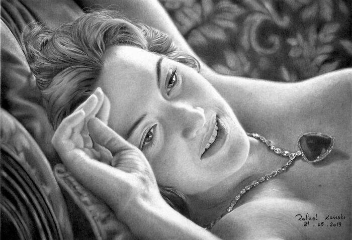 Realistic drawing by Rafael Konishi of a woman lying down, wearing a necklace, with detailed facial features.