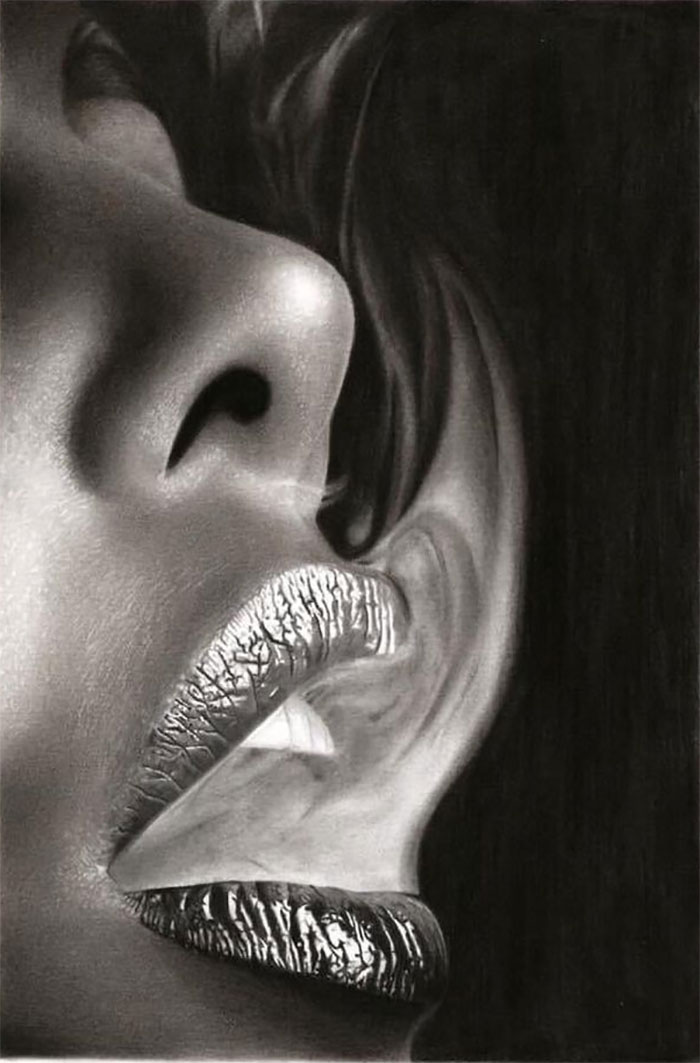 Realistic drawing by Rafael Konishi depicting a surreal blend of a face and lips in black and white.