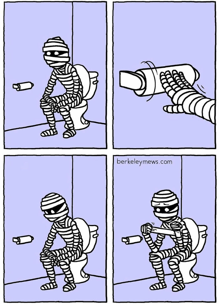 Comic strip showing a mummy character on a toilet reaching for an empty toilet paper roll in an artist's twisted comics.