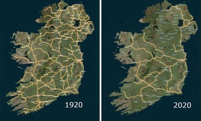Irish Railway System In 1920 vs. 2020