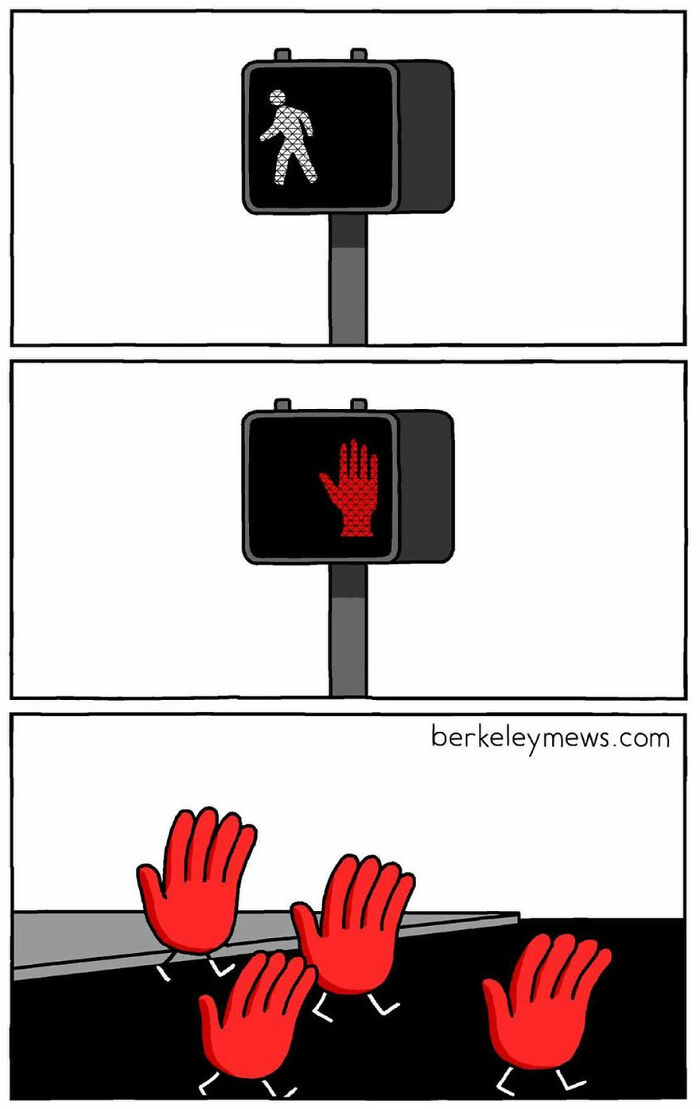 Comic showing walking and stop signals with animated hands escaping, illustrating artist's twisted endings in seemingly innocent comics.