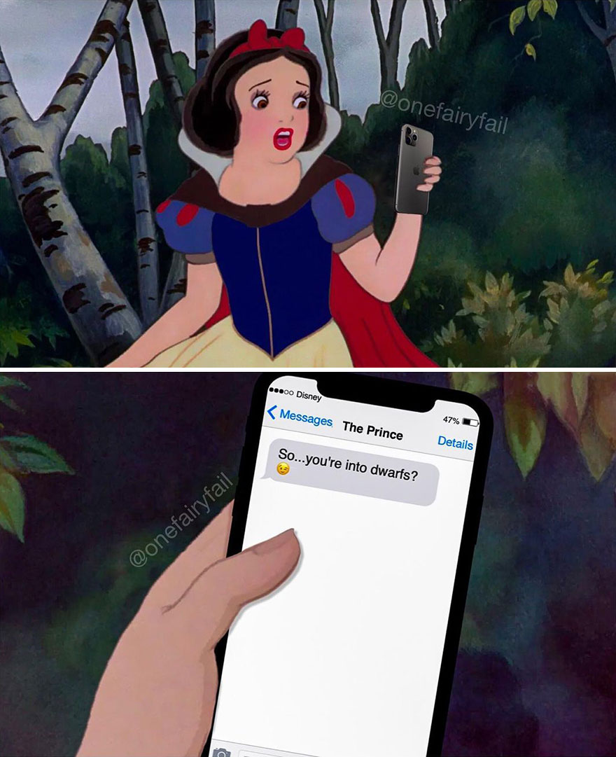 Artist Shows What It Would Be Like If Disney Characters Were "Glued" To Their Cell Phones