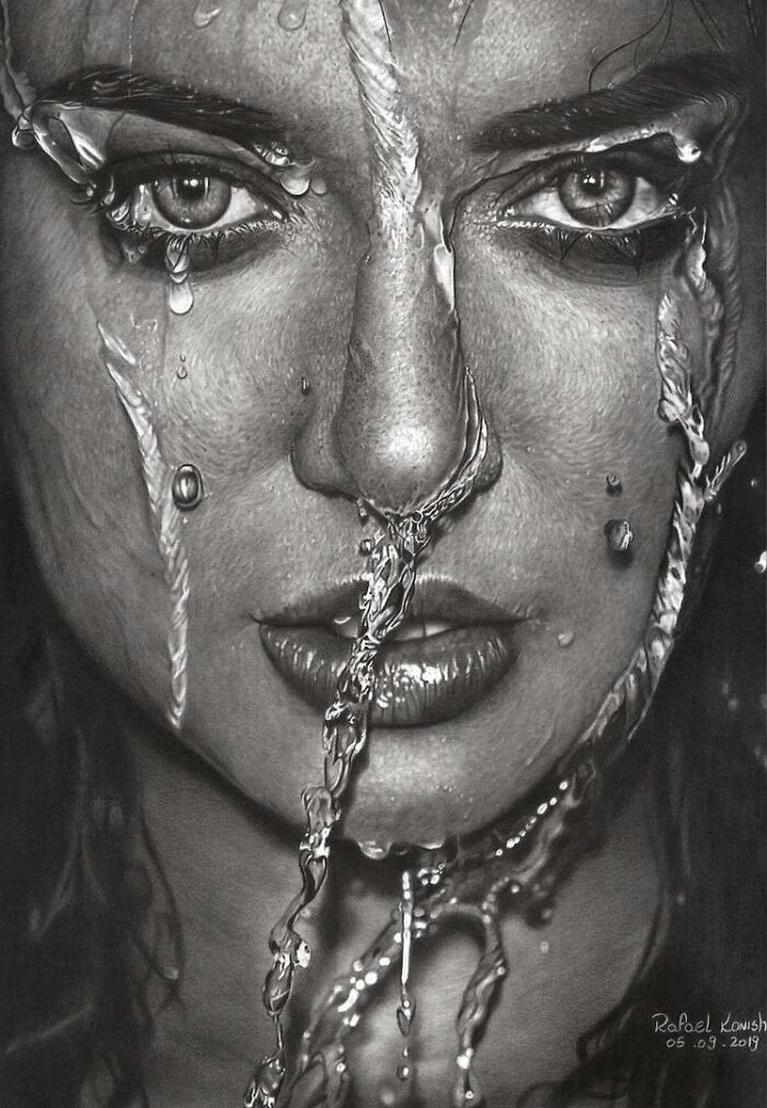 Realistic drawing by artist Rafael Konishi depicting a woman's face with water flowing over it.