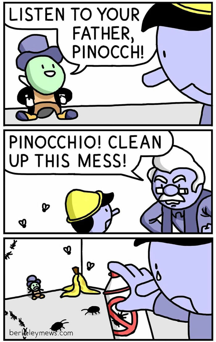 Comic panels show characters including Pinocchio and a father figure, highlighting an artist adding twisted endings to innocent comics.