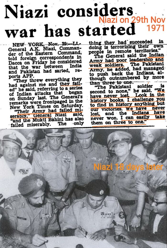 Lt Gen Niazi, Commander Of The Army In East Pakistan Gave This Statement Just Before The War. 18 Days Later He Surrendered Unconditionally