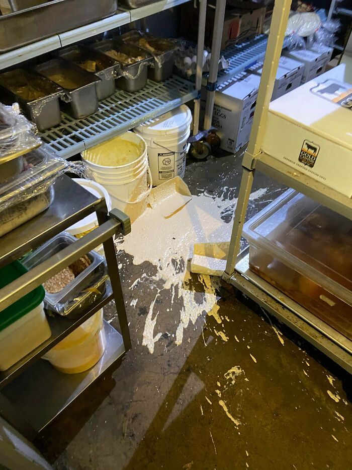 So I Scrape, Sweep, And Scrub The Walk In, And Then About An Hour Later, I Find Zach Did This. Zach, If You Read This, Stop Spilling The 1000 Island Dressing