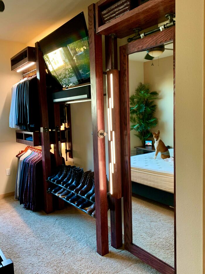 A Carpenter Laughed And Said My Vision And Budget Were Nowhere Close. So I Learned To Do It Myself. Just Added The Two Cubbies On The Left With Custom Made LED Extrusion Lighting. Daylight White Was Used To Highlight The Clothing And Warm White Was Used As Wall Washers. Cubbies Each Weight 70lbs 