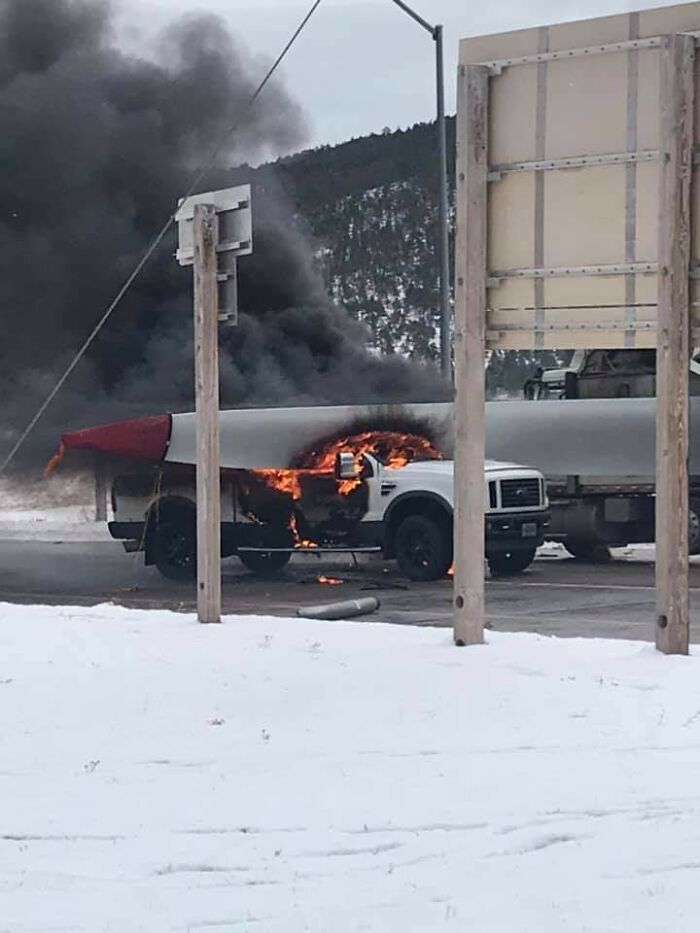 A Cattle Truck Drove Into A Wind Turbine Blade, Which Then Push It Into The Pilot Truck, Which Then Caught Fire