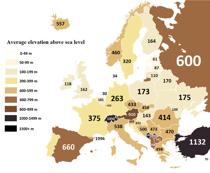 Average Elevation Above Sea Level Of European Countries [oc]