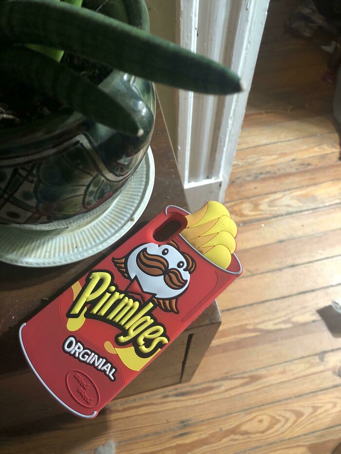 Knockoff Pringles phone case labeled "Primlgees" next to a plant on wooden floorboards.