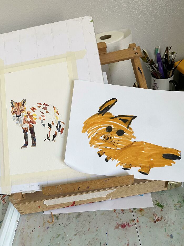 My Daughter Saw Me Painting A Fox And Drew Her Own And Gave It To Me