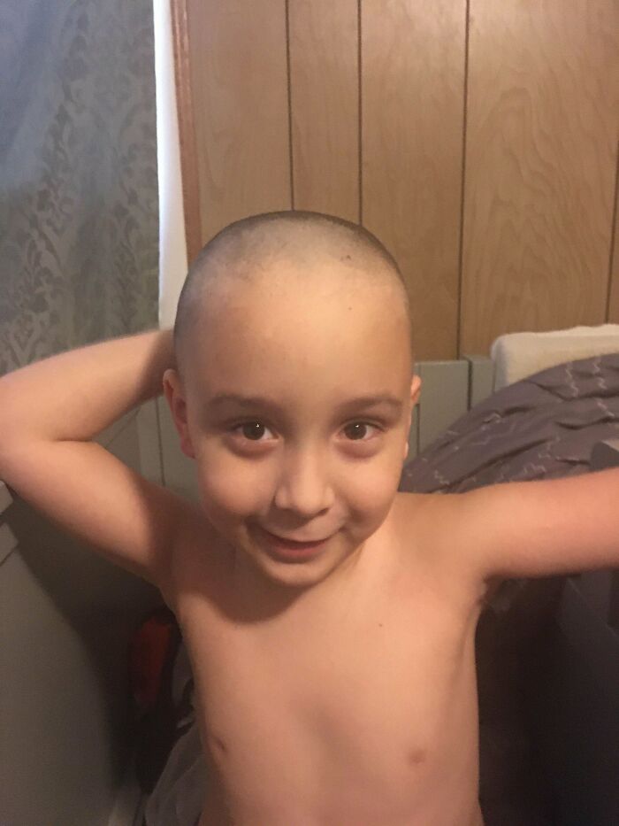 When My Mom First Started Chemo She Was Upset About Losing Hair. My Son Was Confused? He Was Like I’m Bald Sometimes? He Said I Can Be Bald When She Is Bald? We Can Be The Baldbusters We Can Be Bald Together. Well He Shaved His Head Today So They Are Officially The Baldbusters