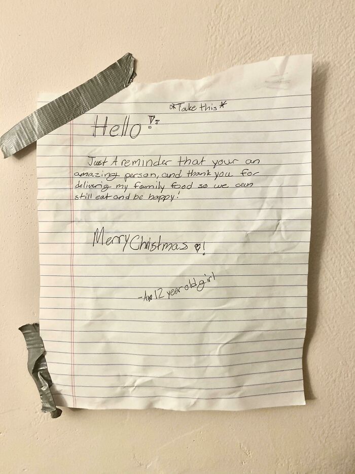 A Note I Received From The 12 Year Old Daughter Of A Customer While Delivering Pizza During A Blizzard Two Nights Ago