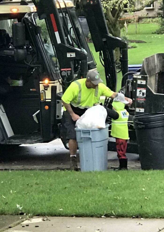Every Thursday Morning My Little Nephew Waits For The Garbage Man To Arrive So He Can Help. Today They Brought Him A WM Hat To Wear