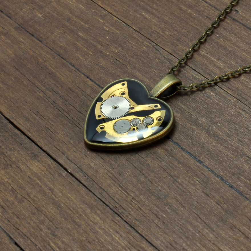 Unique Heart Pendants Collection Made From Watch Parts In Steampunk Style For Valentine’s Day