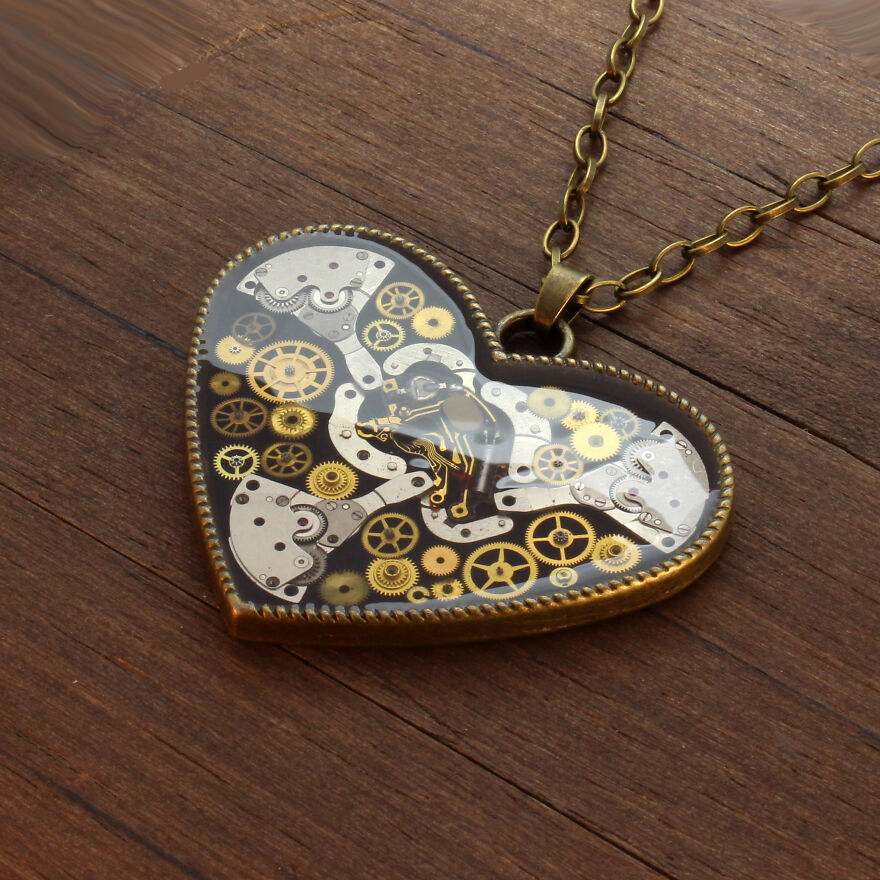 Unique Heart Pendants Collection Made From Watch Parts In Steampunk Style For Valentine’s Day