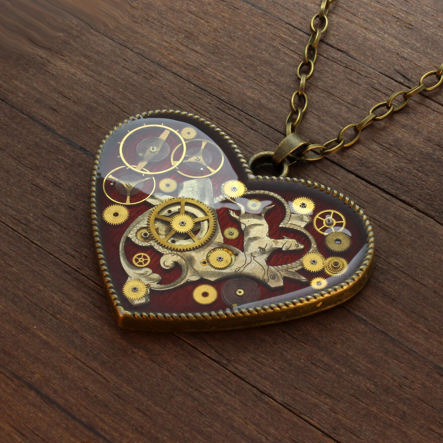 Unique Heart Pendants Collection Made From Watch Parts In Steampunk Style For Valentine’s Day