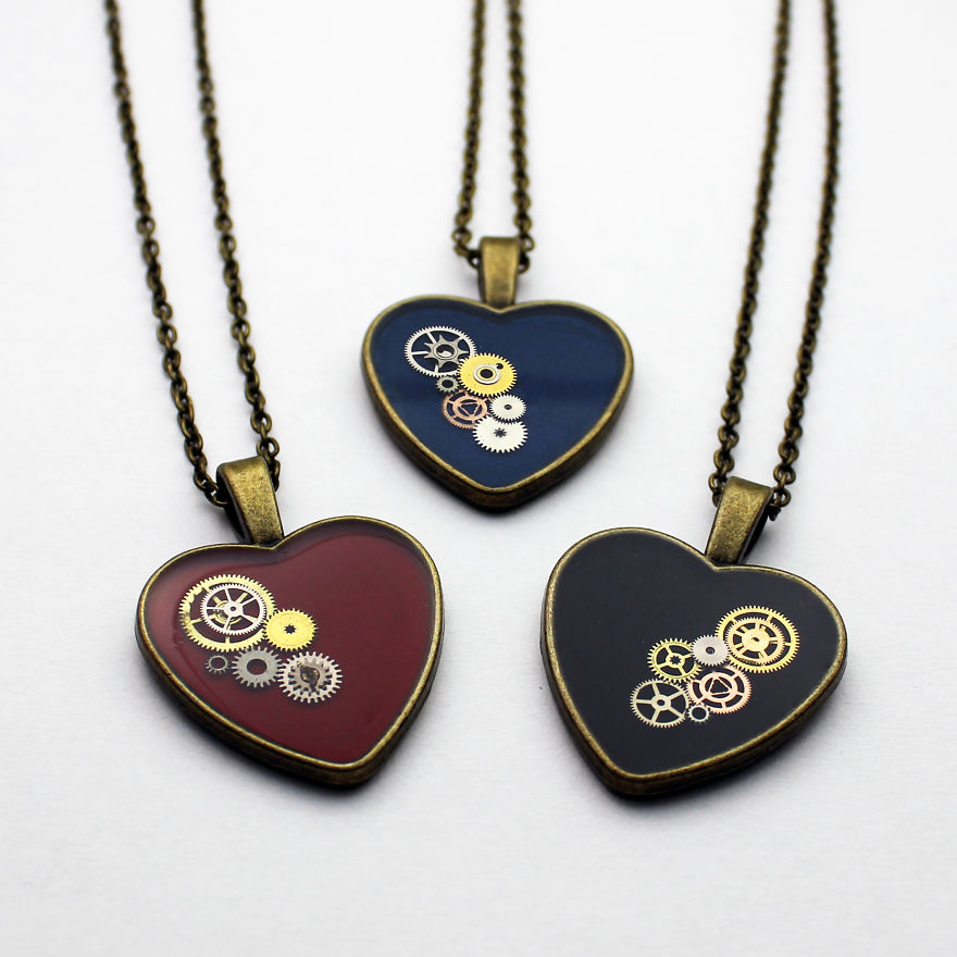 Unique Heart Pendants Collection Made From Watch Parts In Steampunk Style For Valentine’s Day