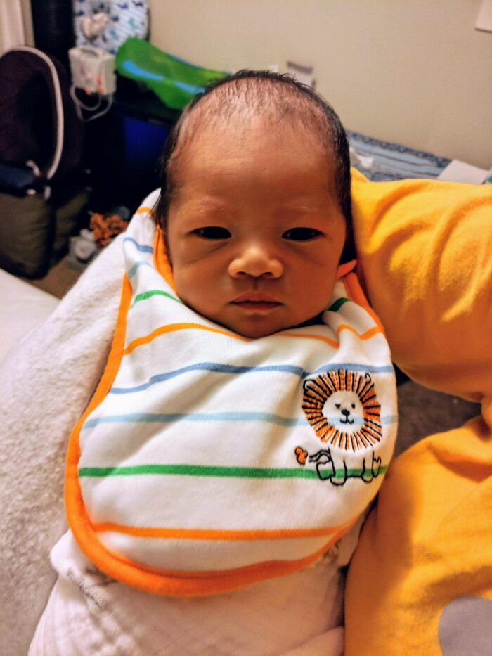 My Grumpy Week Old Son... Likes To Stare Into Your Soul As A Hobby