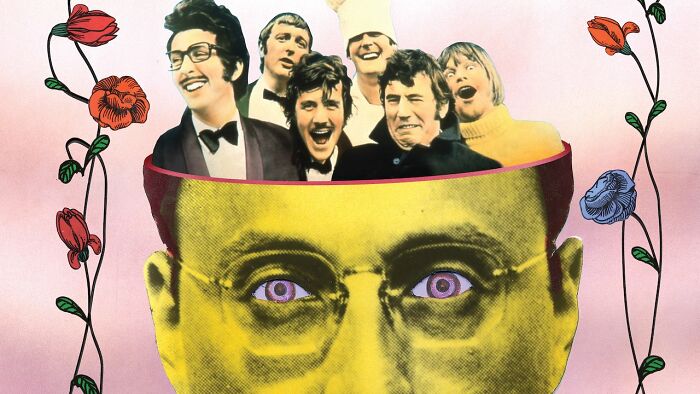 Surreal collage of famous comedians emerging from a yellow-tinted head, illustrating interesting facts people didn’t learn at school.