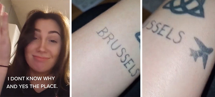 Woman showing a tattoo with the word "Brussels" on her arm, humorously questioning the choice of tattoo.