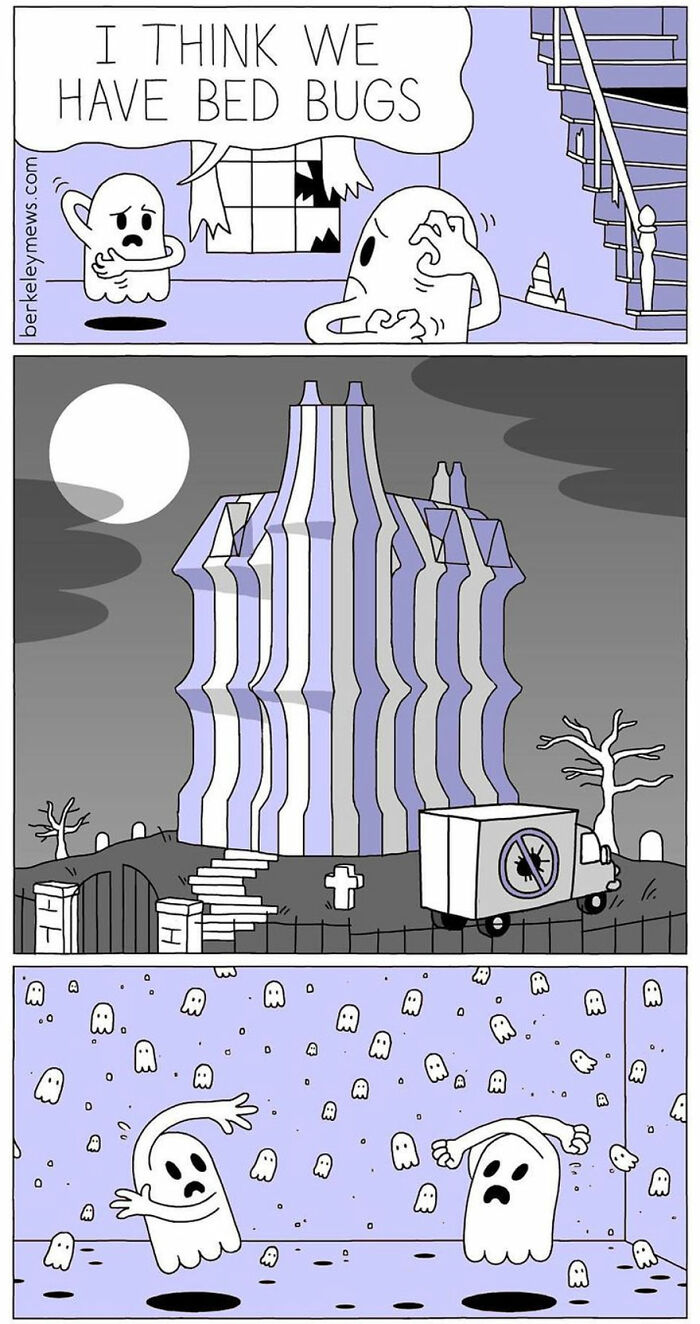 Comic panels showing ghosts discovering bed bugs, a distorted haunted house, and ghosts surrounded by smaller ghosts in a twisted comic style.