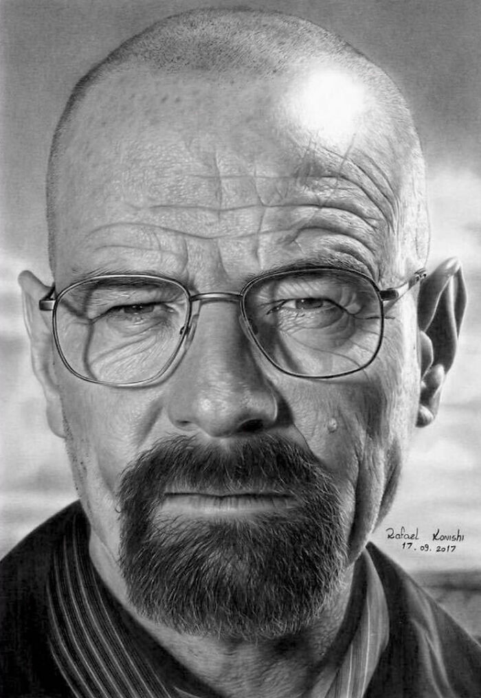 Realistic drawing by artist Rafael Konishi, featuring a highly detailed portrait of a man with glasses and a beard.