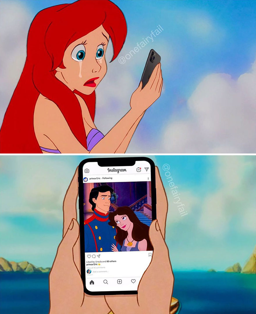 Artist Shows What It Would Be Like If Disney Characters Were "Glued" To Their Cell Phones