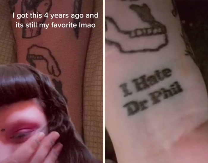 A person showing a tattoo that says "I Hate Dr Phil" on their arm, with a humorous expression.